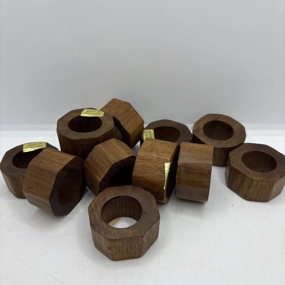 Hand‎ Crafted Teak Wood Round Napkin Rings Made in Thailand Set of 12
